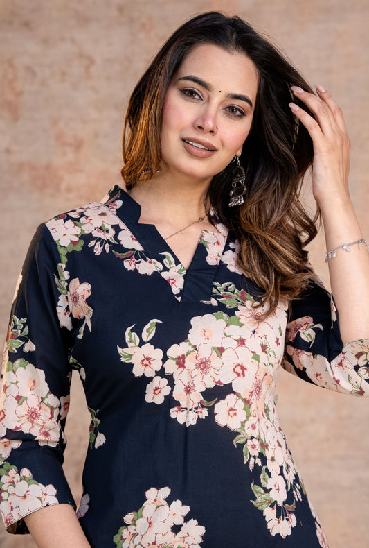 Rosella Navy Blue Printed Cotton Co-ords Set