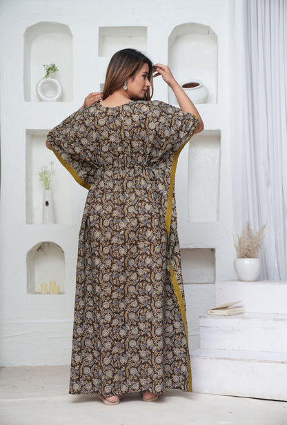 Coffee Grey Flower Loungewear Cotton Kaftan