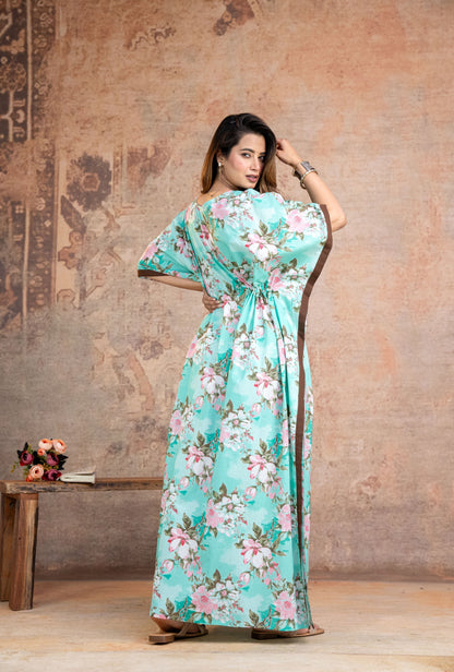 Blossom Flower Green Loungewear Cotton Kaftan