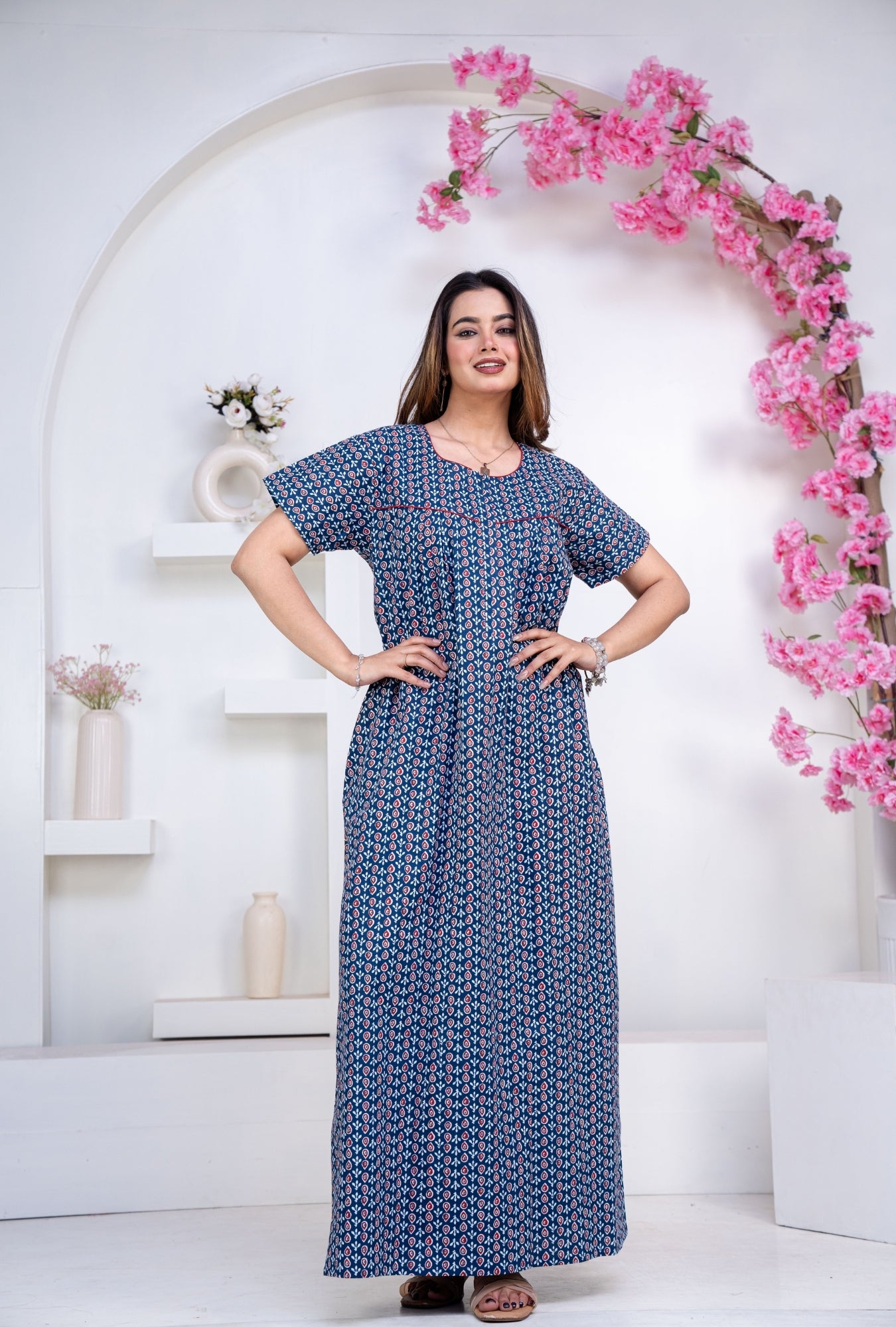Drop Buti Blue Cotton Printed Nightwear Gowns