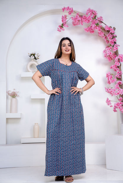 Drop Buti Blue Cotton Printed Nightwear Gowns