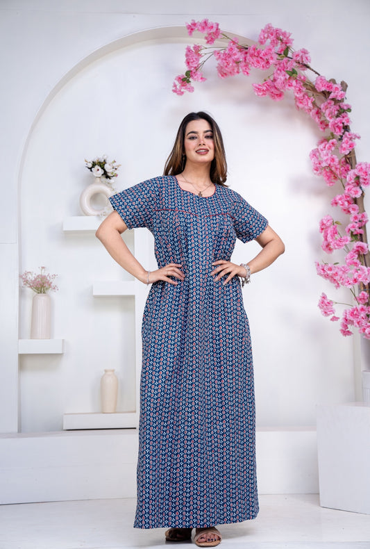 Drop Buti Blue Cotton Printed Nightwear Gowns