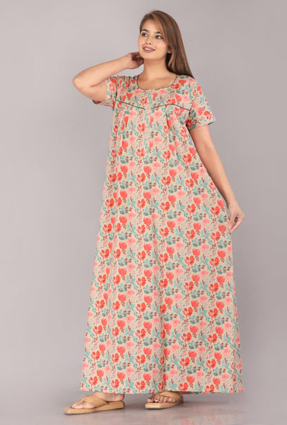 Bell Flower Grey Cotton Printed Nightwear Gowns