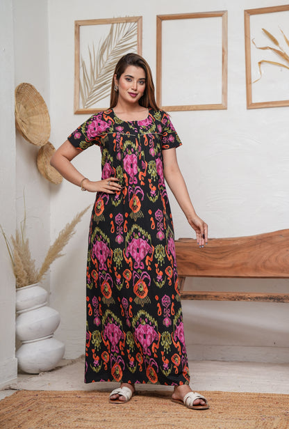 Ikkat Black Cotton Printed Nightwear Gowns