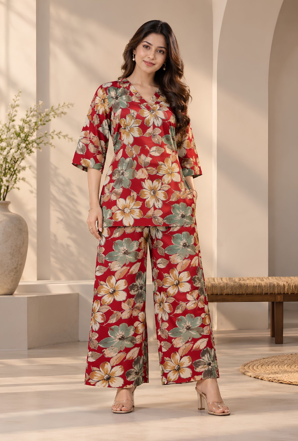 Lapis Flora Red Printed Cotton Co-ords Set