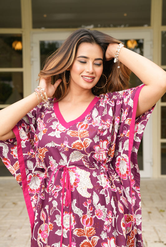 Velvet Petals Maroon Loungewear Cotton Kaftan