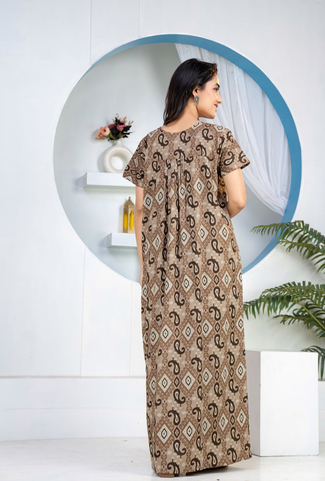Ikkat Kairy Coffee Cotton Printed Nightwear Gowns