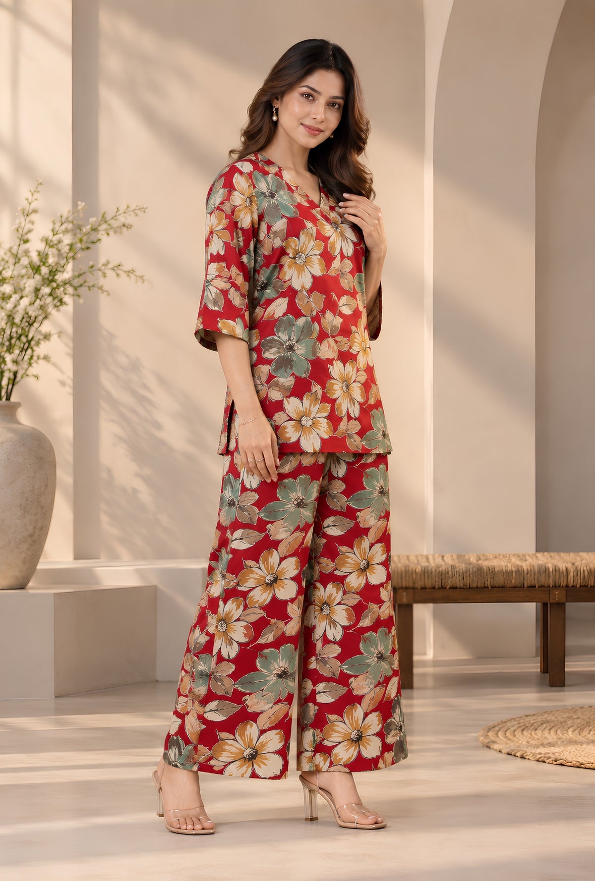 Lapis Flora Red Printed Cotton Co-ords Set