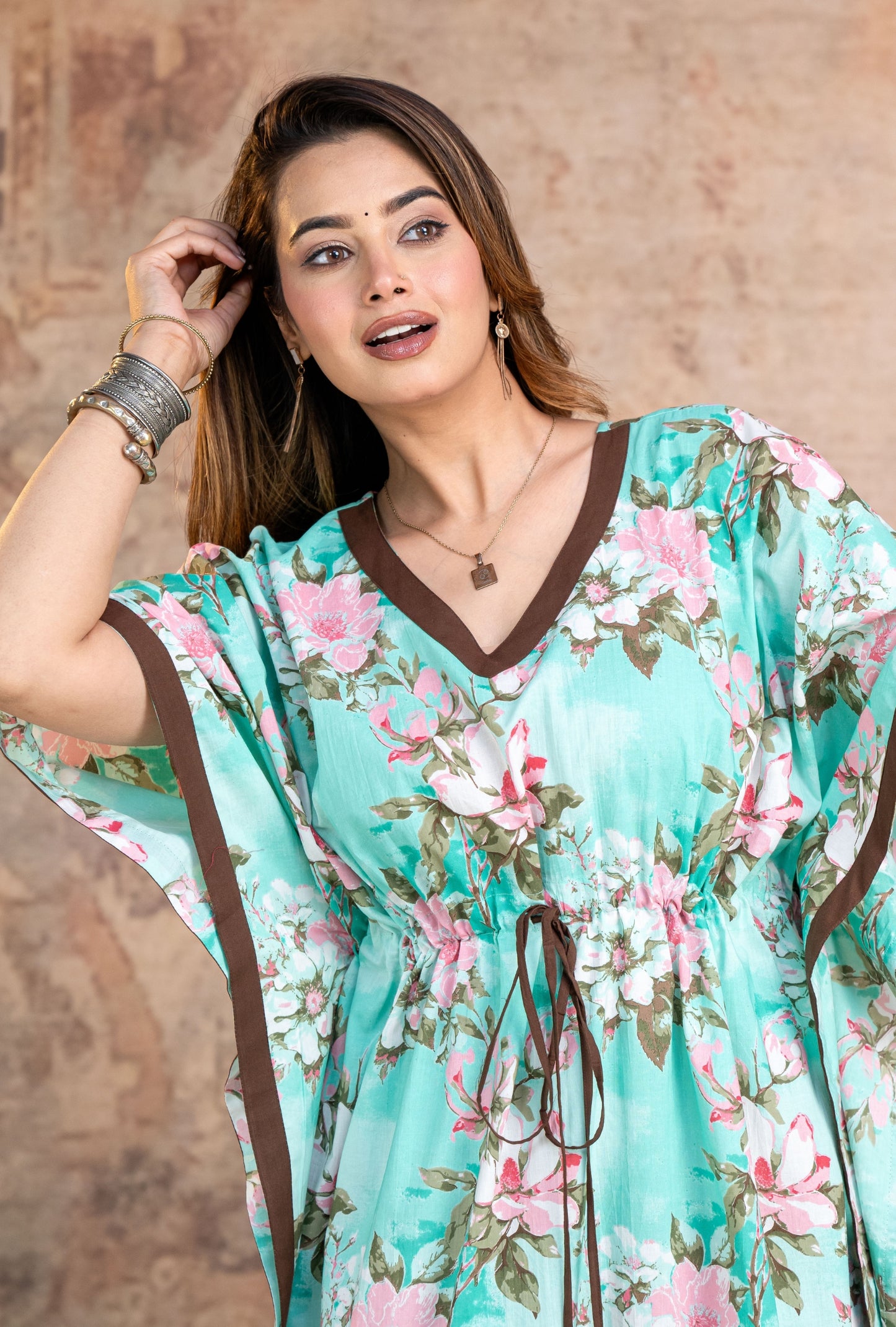Blossom Flower Green Loungewear Cotton Kaftan