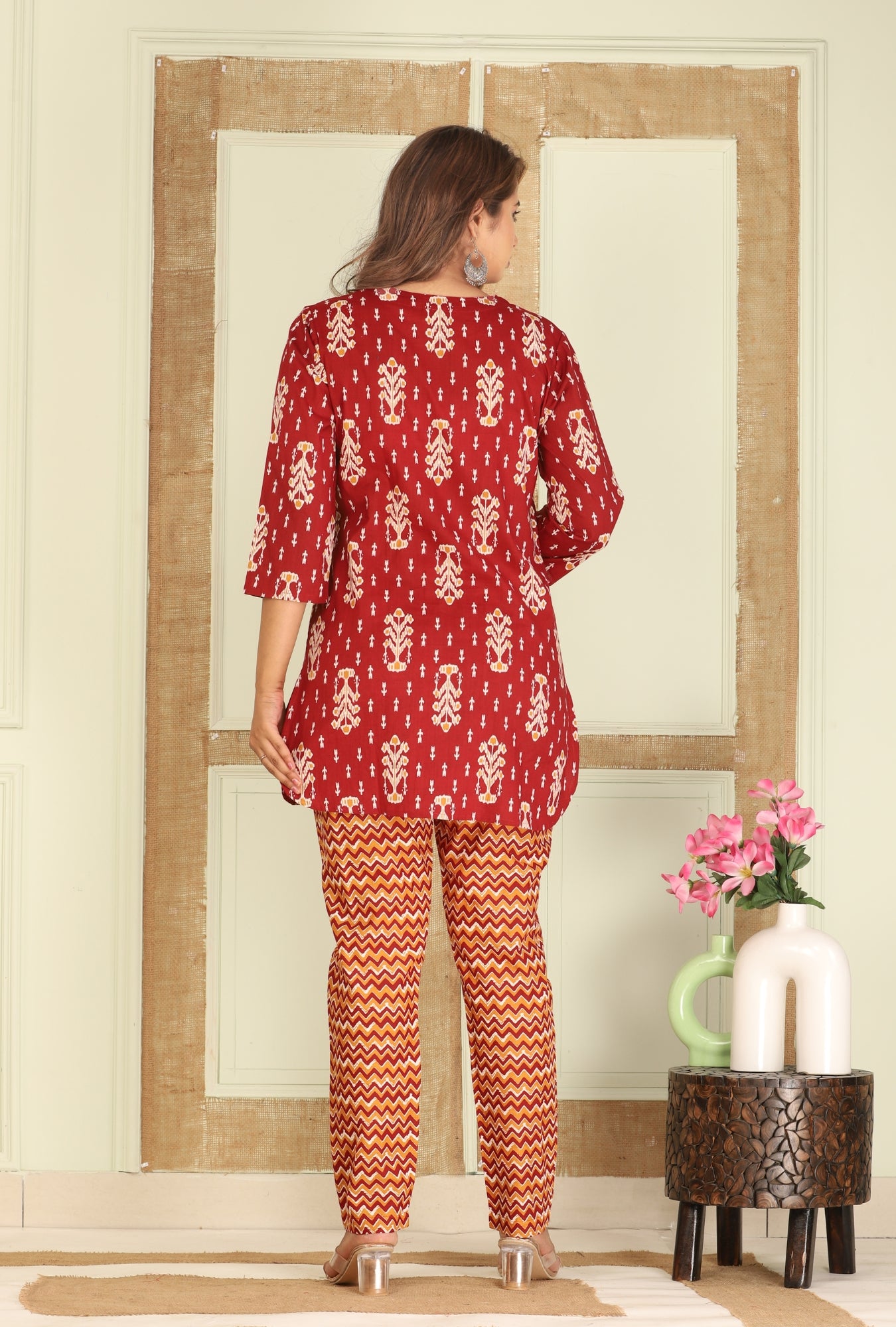 Ikat Infinity Maroon Cotton Loungewear set