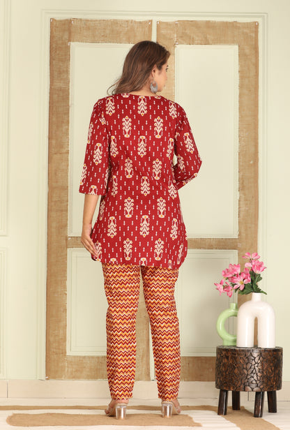 Ikat Infinity Maroon Cotton Loungewear set