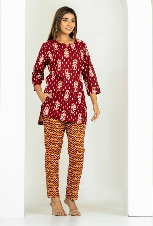 Ikat Infinity Maroon Cotton Loungewear set