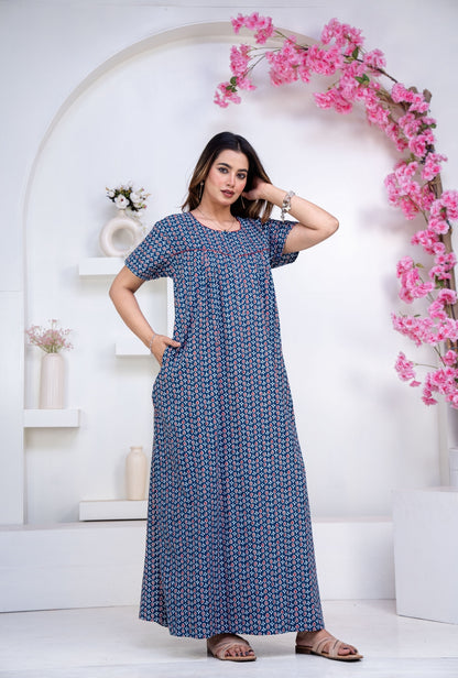 Drop Buti Blue Cotton Printed Nightwear Gowns