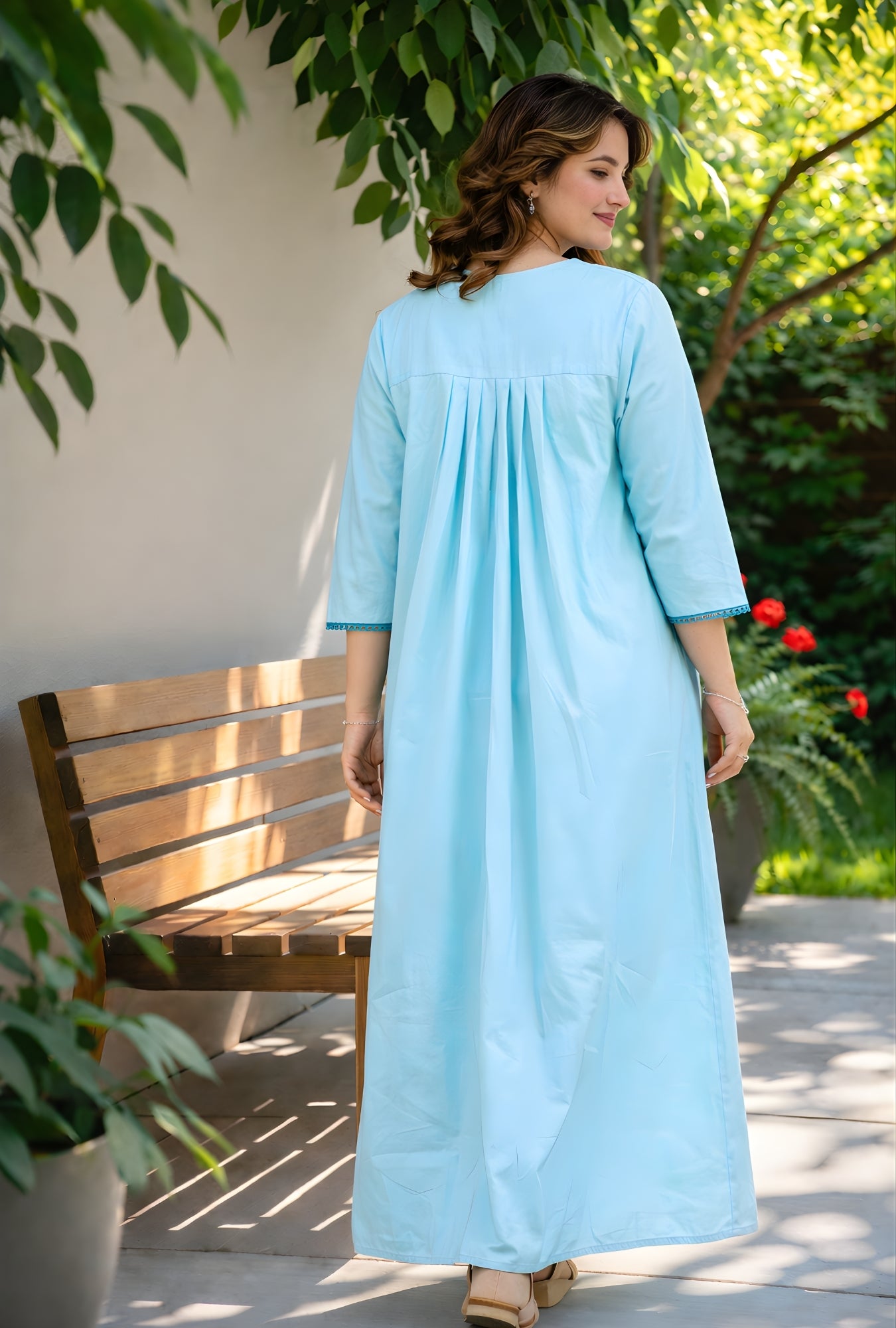 Aqua Mint Floral Yoke Solid Cotton Night Gown