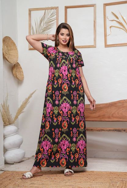 Ikkat Black Cotton Printed Nightwear Gowns
