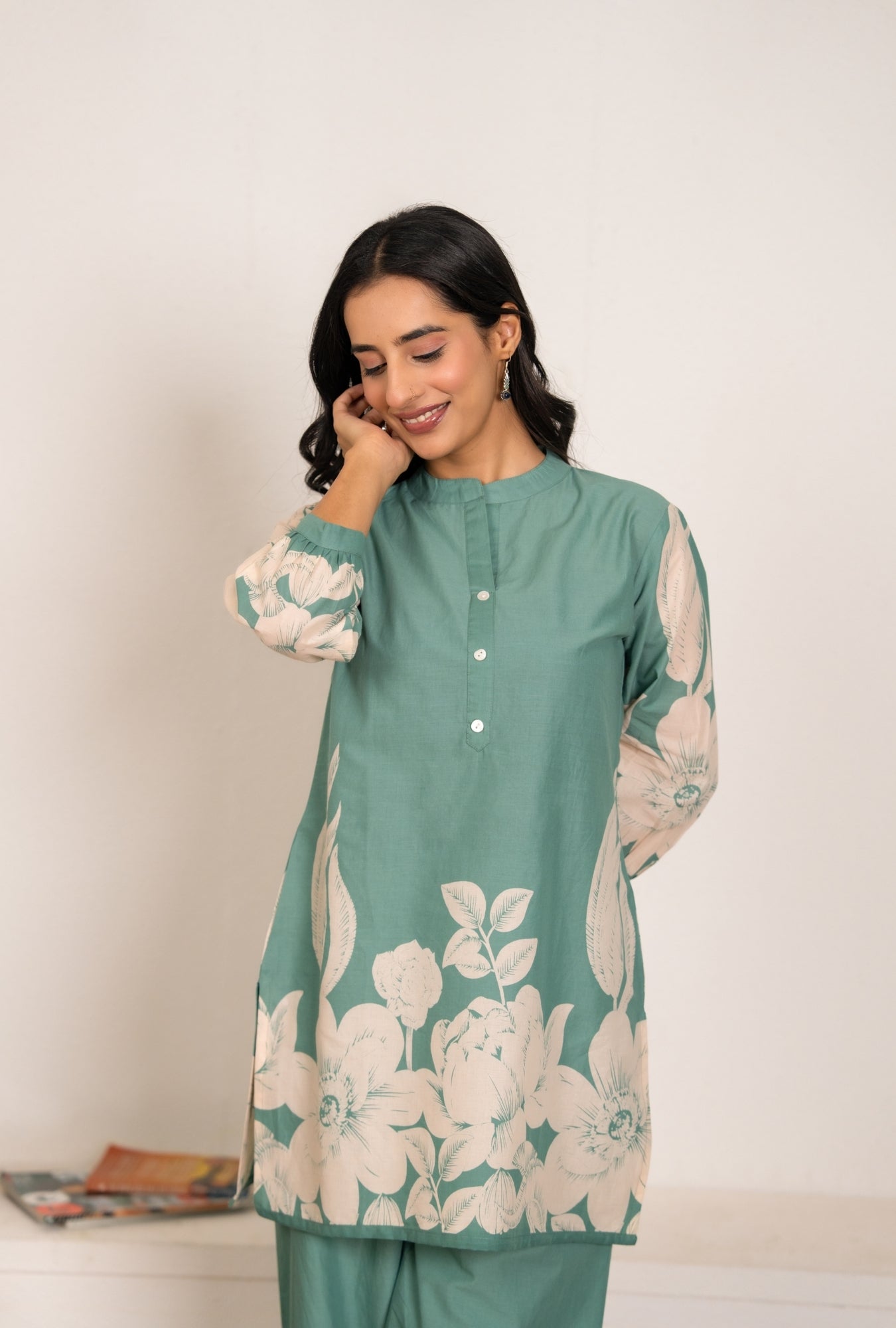 Cool Mint Sea Green Printed Cotton Co-ords Set