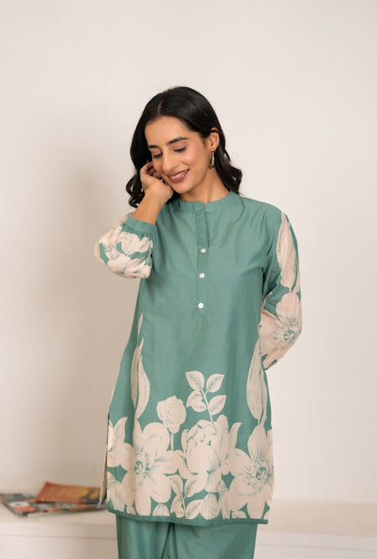 Cool Mint Sea Green Printed Cotton Co-ords Set