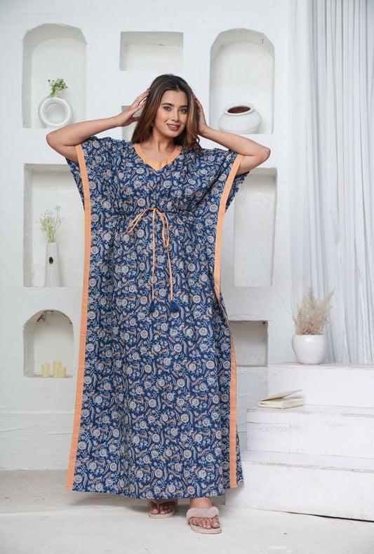 Orange Blue Flower Loungewear Cotton Kaftan