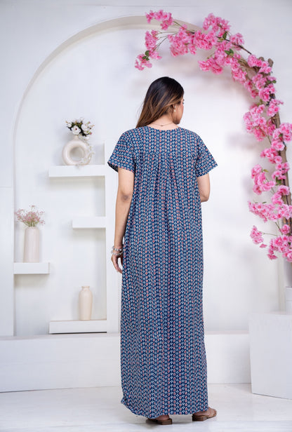 Drop Buti Blue Cotton Printed Nightwear Gowns
