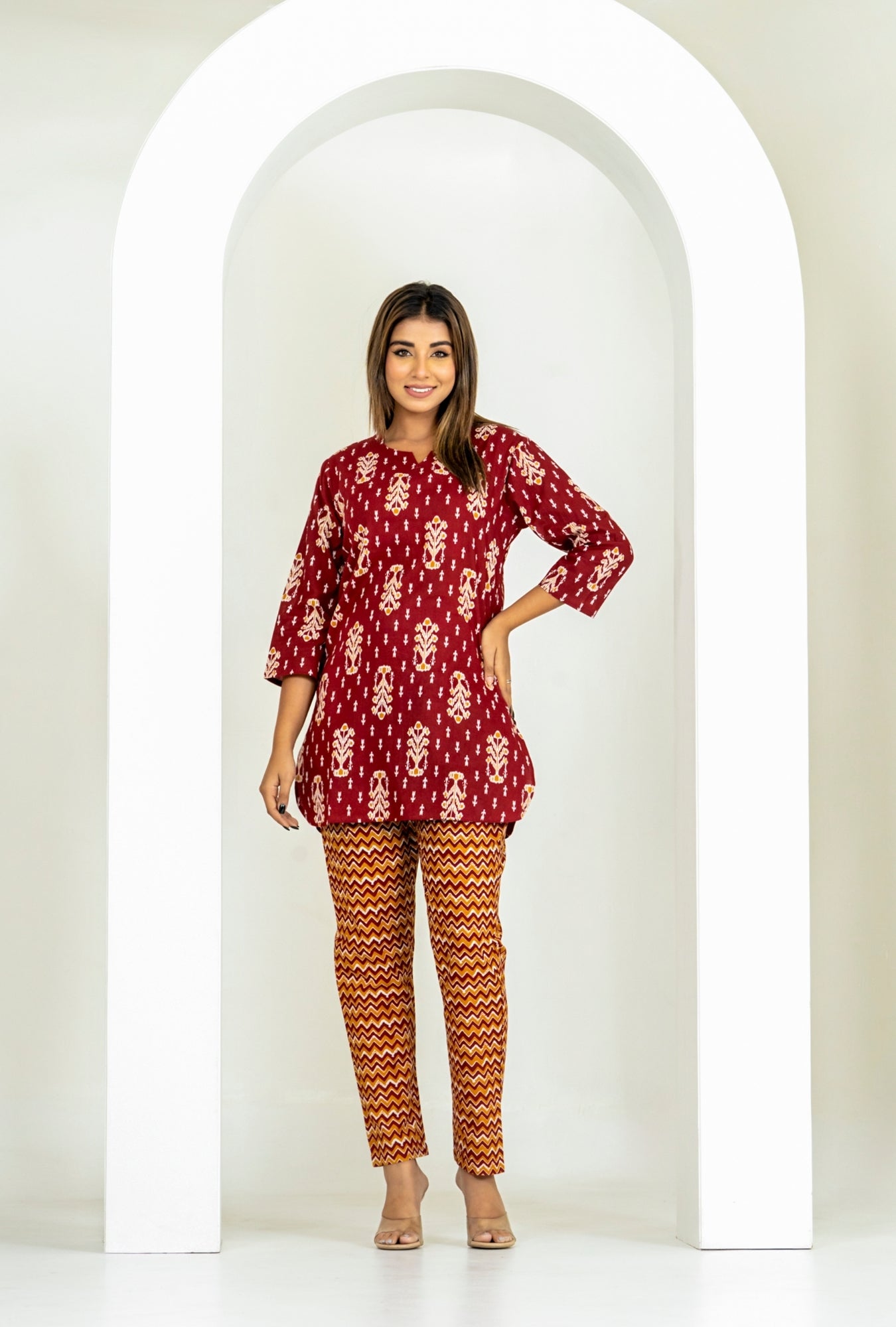 Ikat Infinity Maroon Cotton Loungewear set