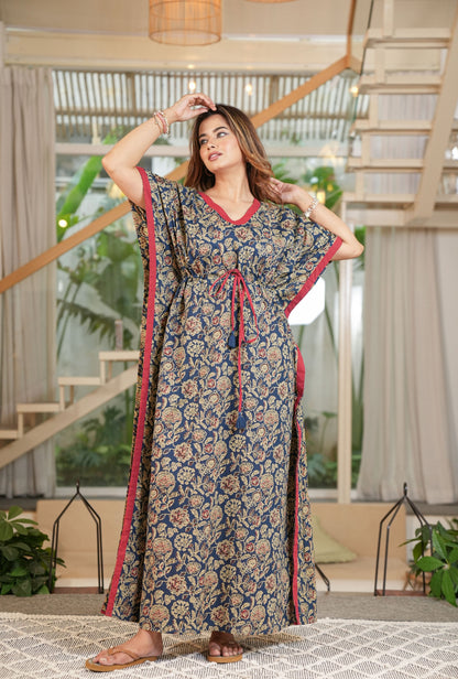 Flora Ajrak Blue Loungewear Cotton Kaftan