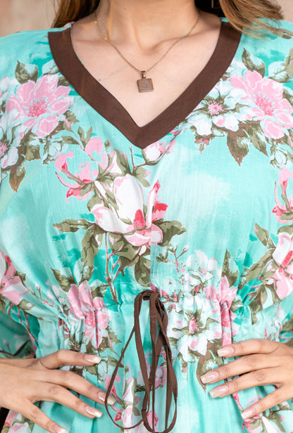 Blossom Flower Green Loungewear Cotton Kaftan
