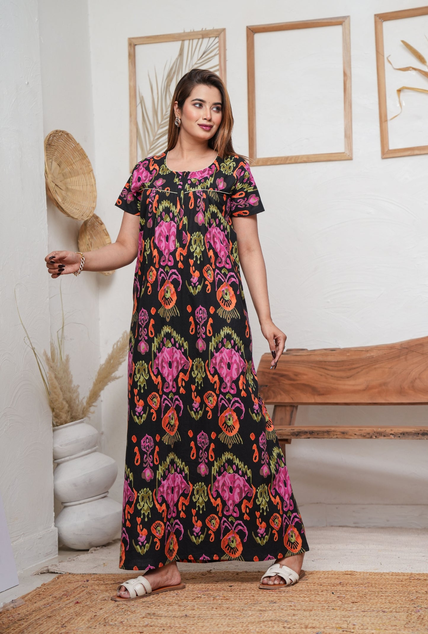 Ikkat Black Cotton Printed Nightwear Gowns