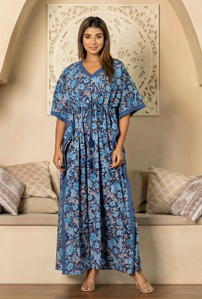 Blue Whisper Printed Cotton Loungewear Kaftan