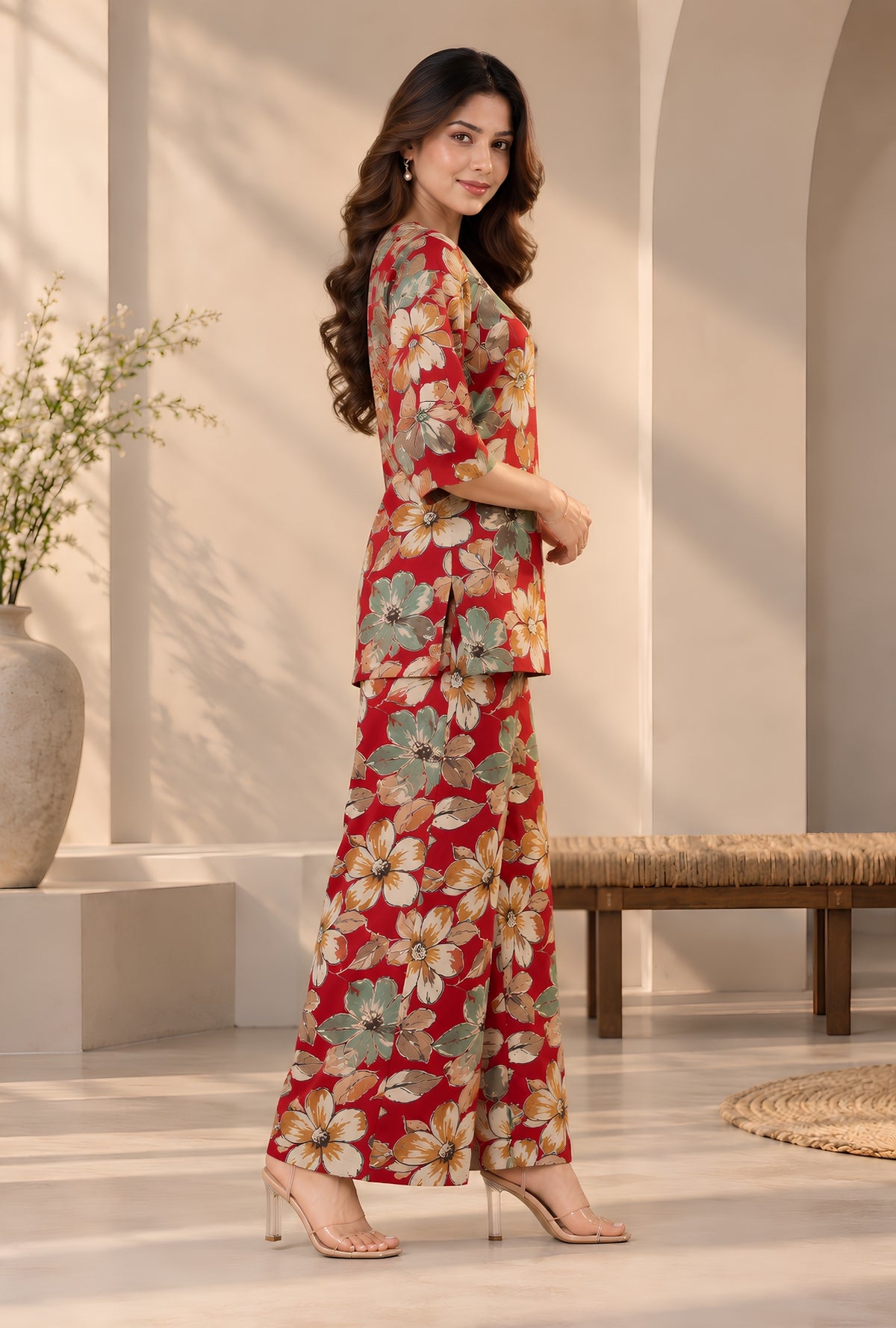 Lapis Flora Red Printed Cotton Co-ords Set