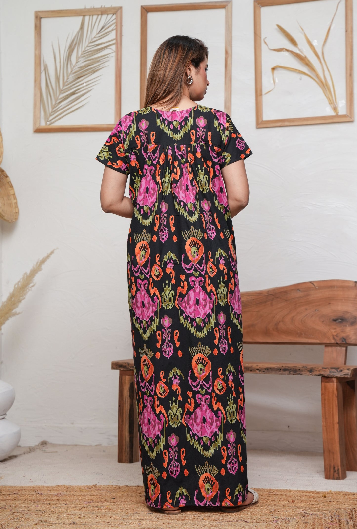 Ikkat Black Cotton Printed Nightwear Gowns