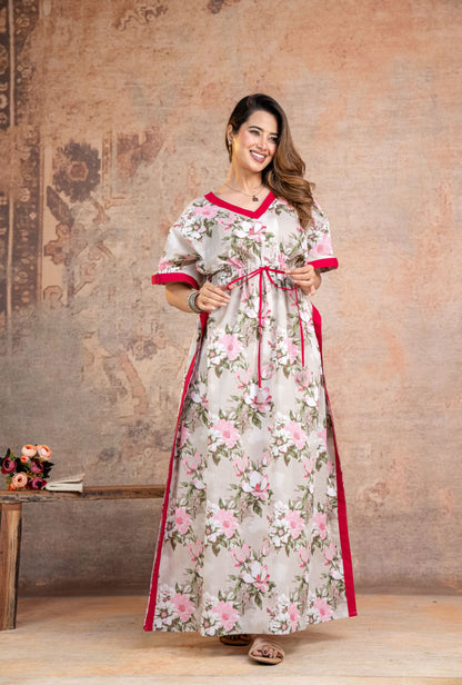 Blossom Flower Grey Loungewear Cotton Kaftan