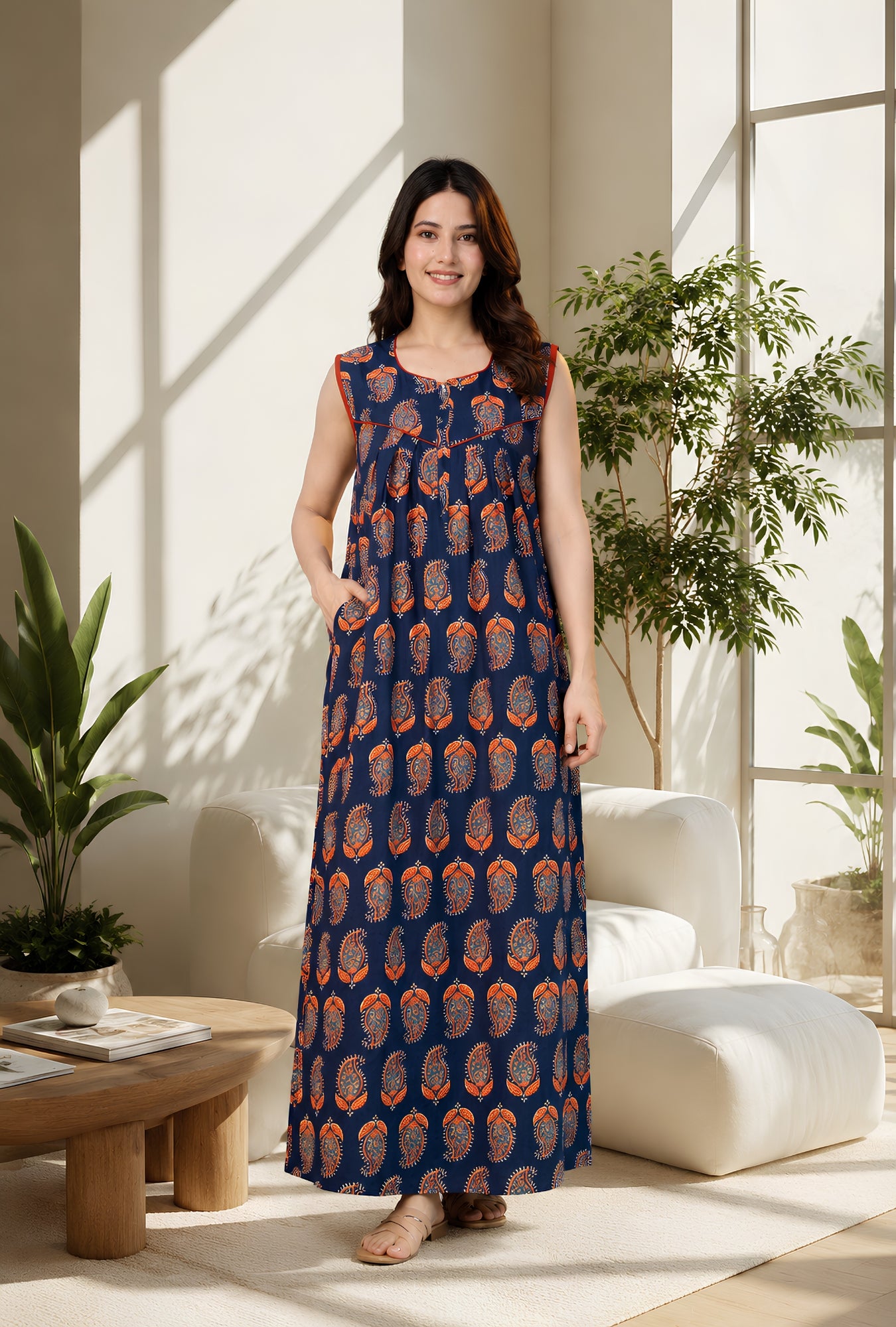 Paisley Blue Sleeveless Cotton Night Gown