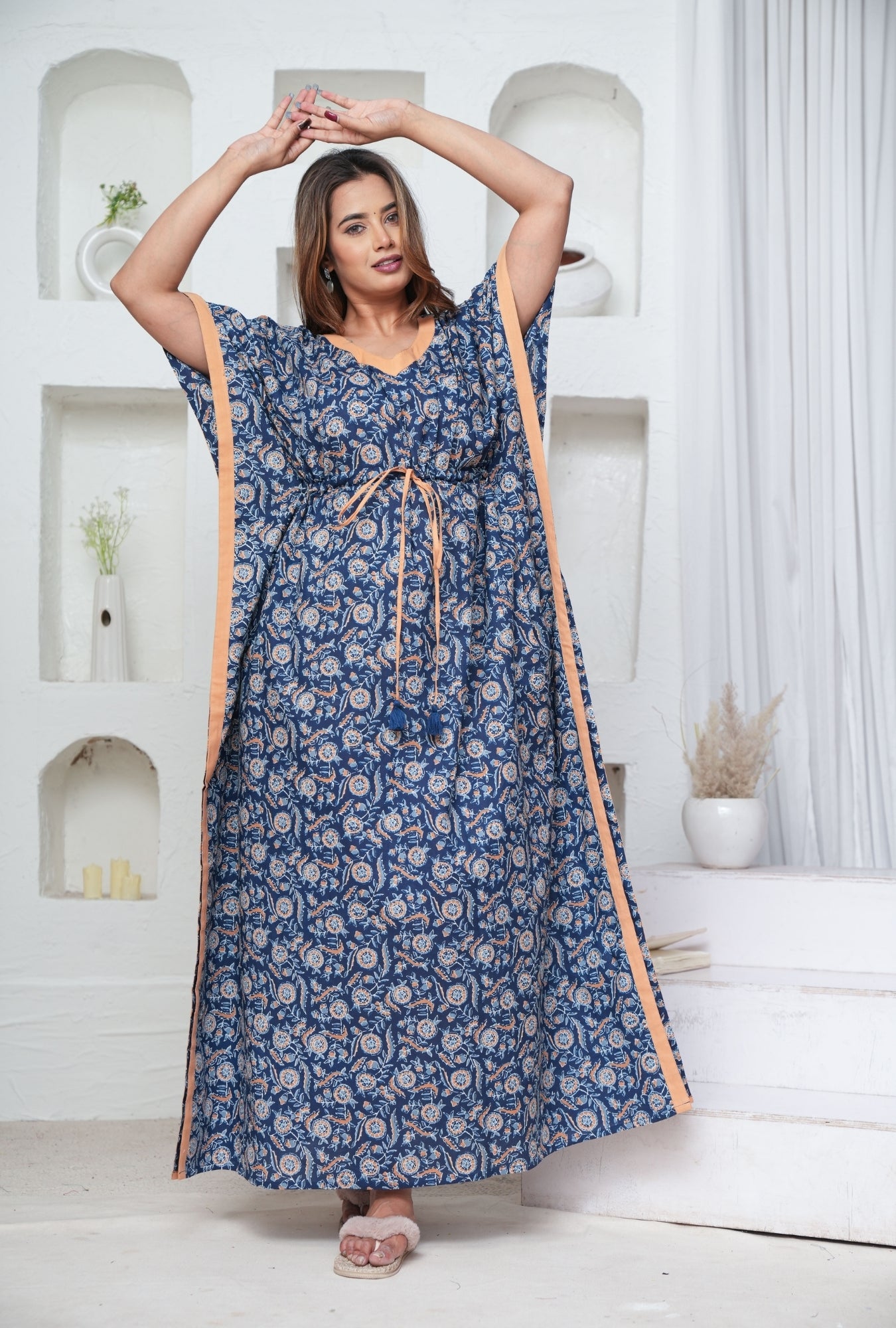 Orange Blue Flower Loungewear Cotton Kaftan