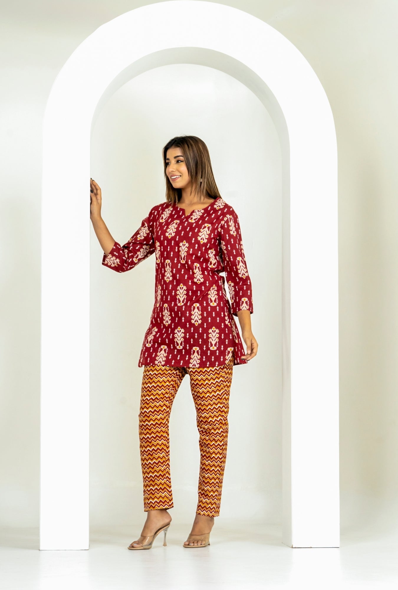 Ikat Infinity Maroon Cotton Loungewear set