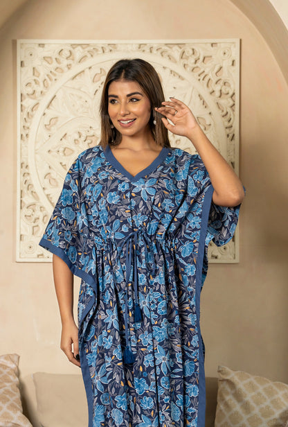 Blue Whisper Printed Cotton Loungewear Kaftan