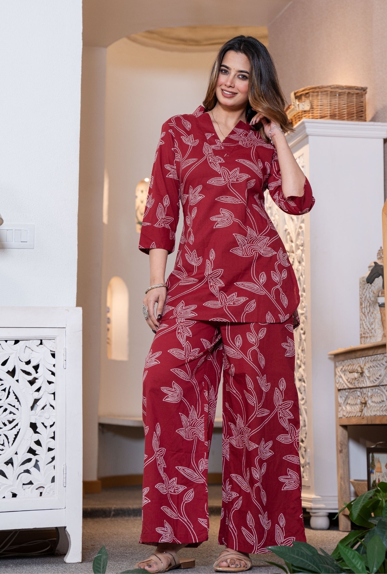 Heritage Dot Maroon Printed Cotton Co-ords Set