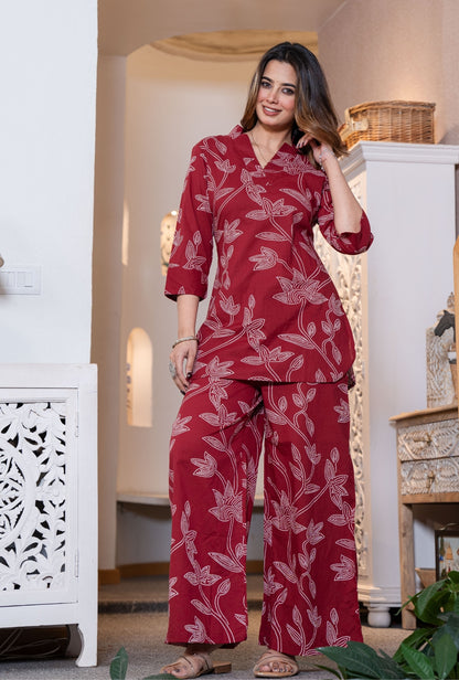 Heritage Dot Maroon Printed Cotton Co-ords Set