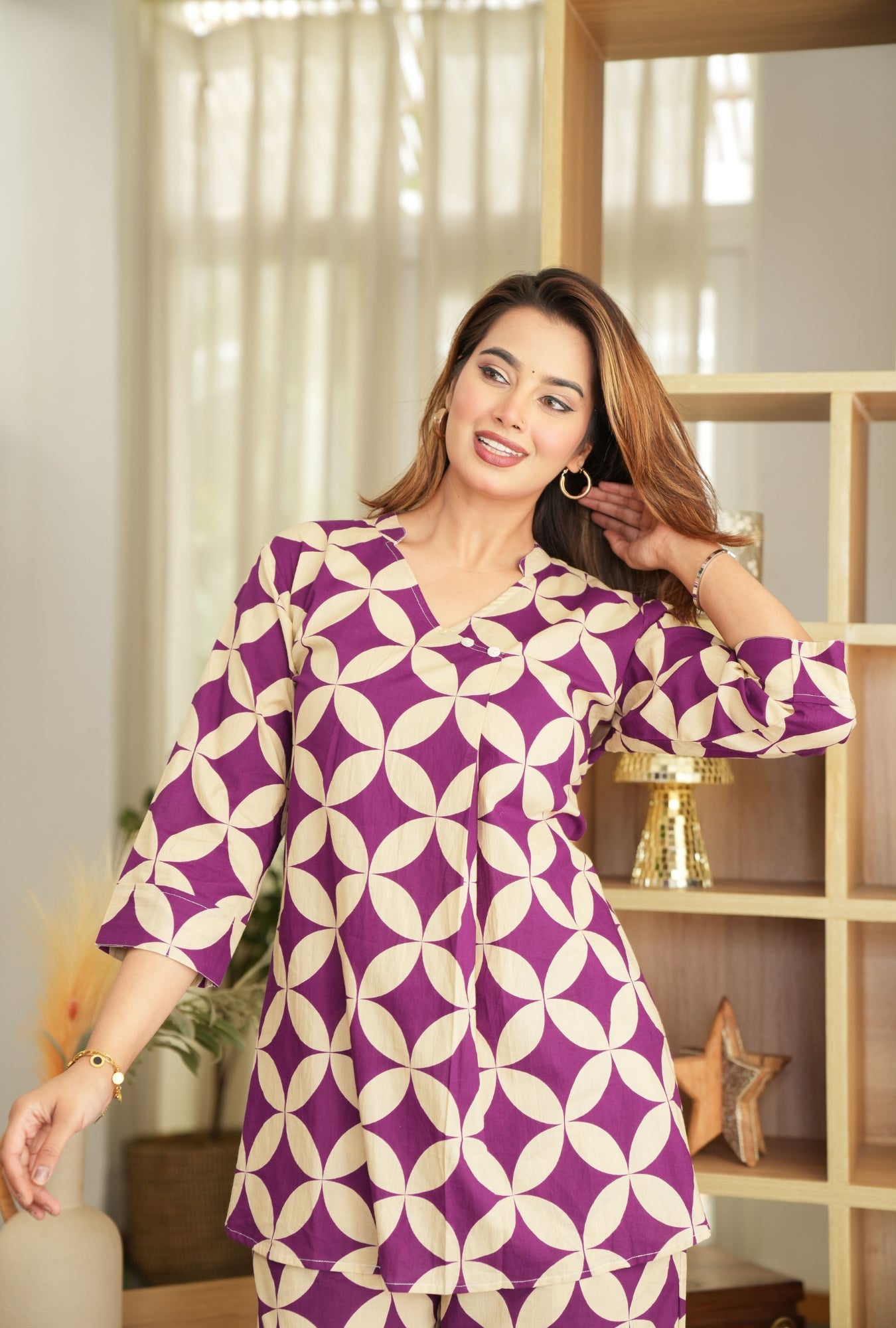 Cubika Purple Printed Cotton Co-ords Set