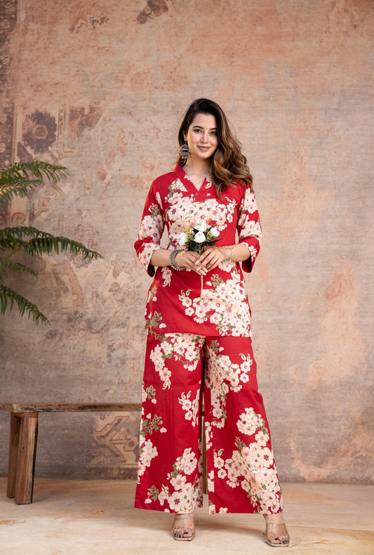 Rosella Red Printed Cotton Co-ords Set