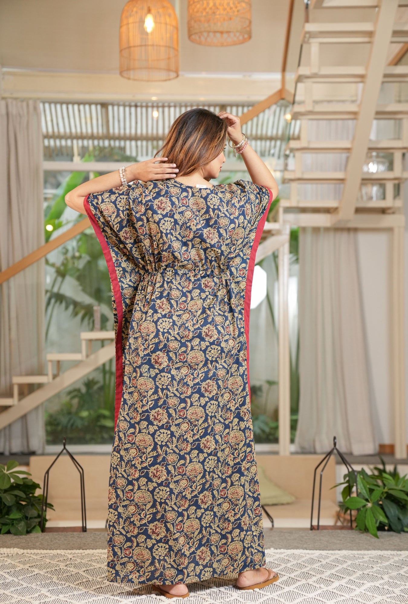 Flora Ajrak Blue Cotton Kaftan Handblock Loungewear Style anastyaoverseas Flora Ajrak Blue Cotton Kaftan Handblock Loungewear Style anastyaoverseas