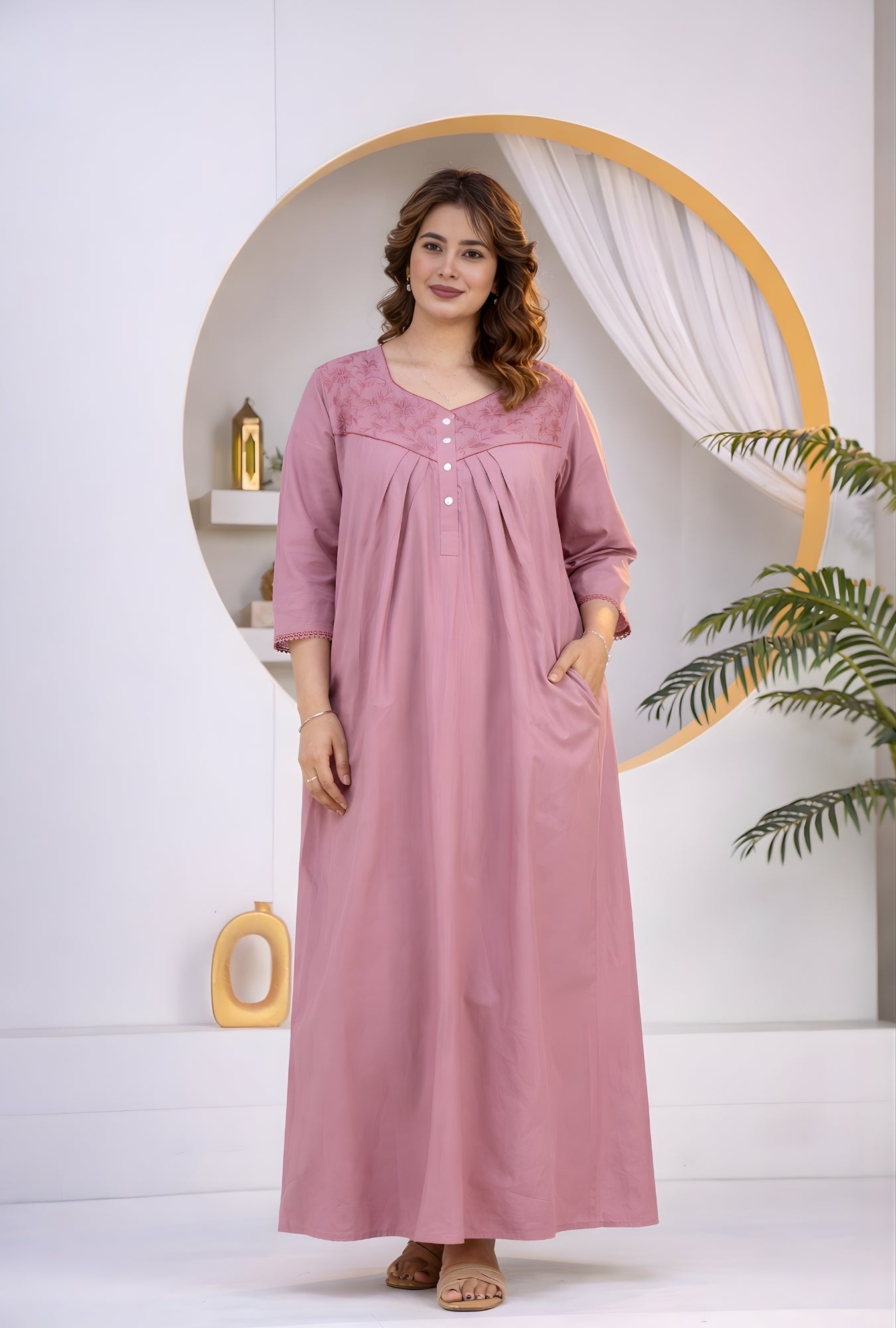 Dusty Rose Floral Embroidery Yoke Cotton Night Gown