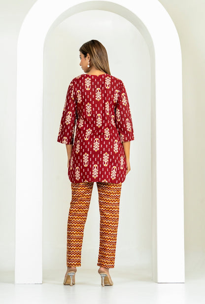 Ikat Infinity Maroon Cotton Loungewear set