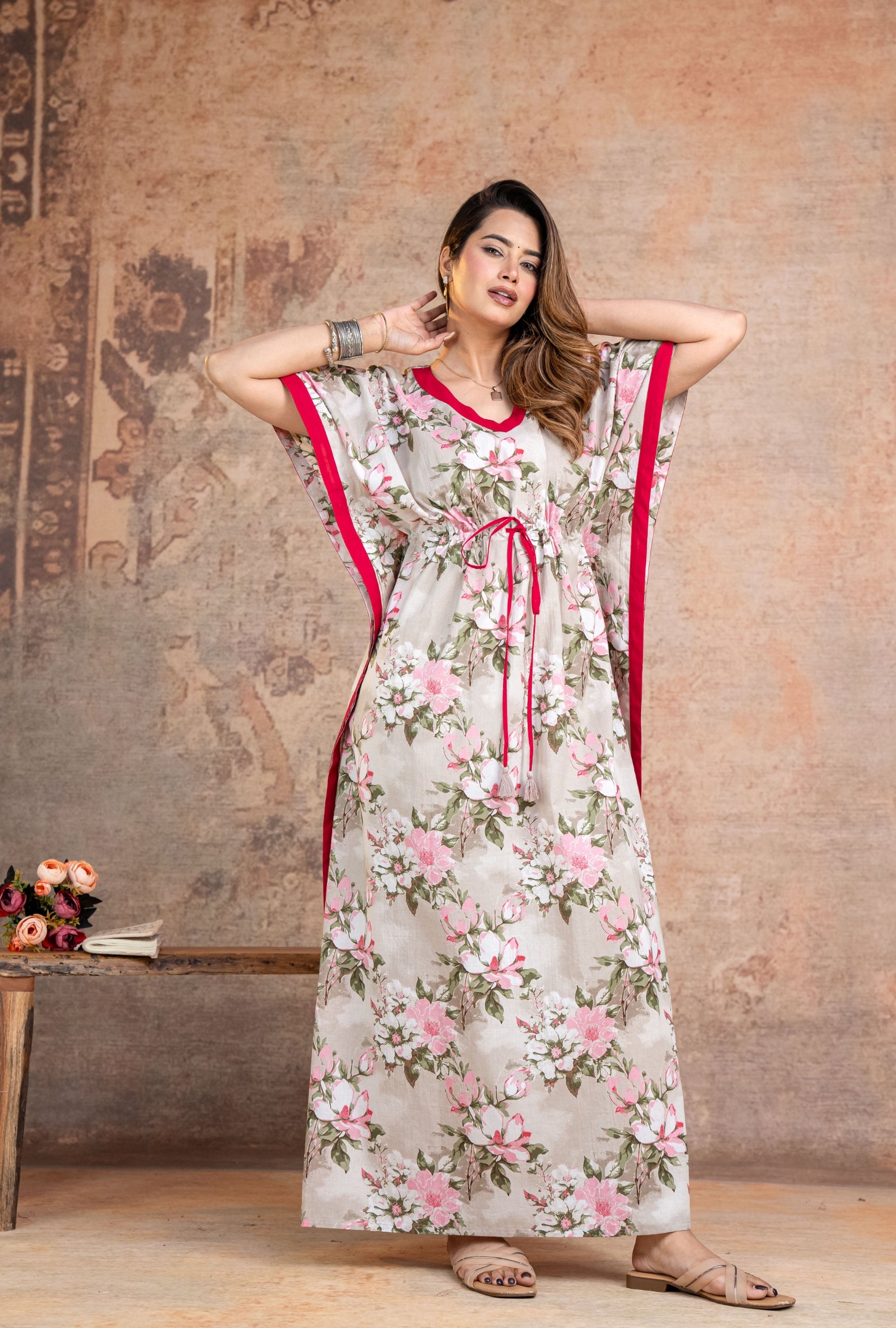 kaftan night dress cotton Pink Floral Pom-Pom Cotton Kaftan