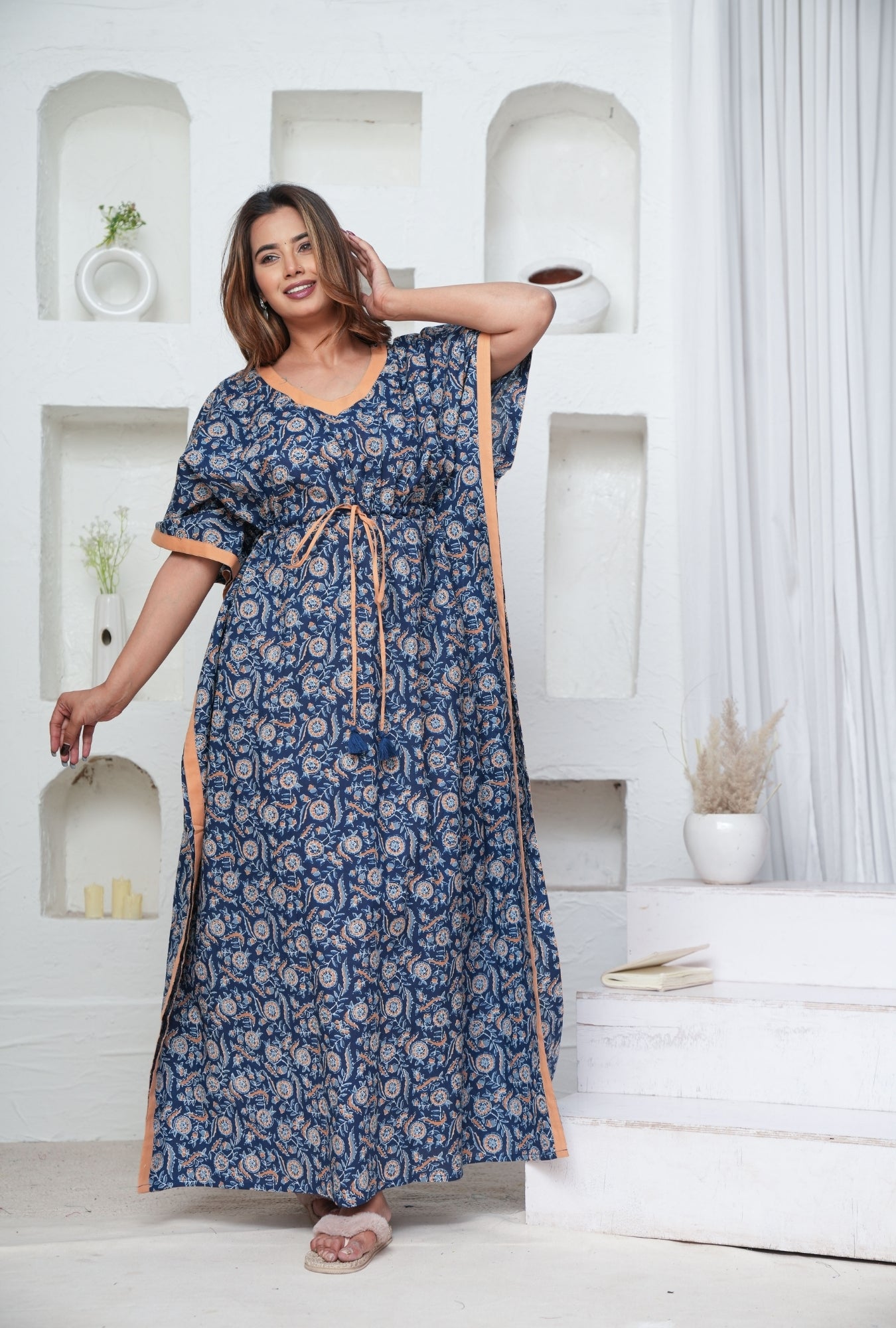 Orange Blue Flower Loungewear Cotton Kaftan