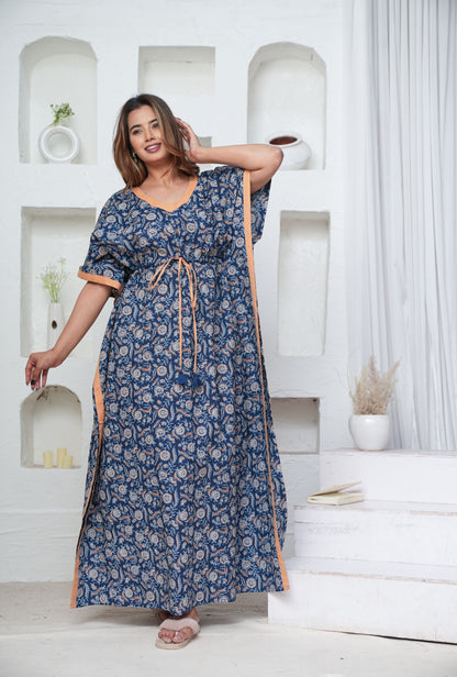Orange Blue Flower Loungewear Cotton Kaftan