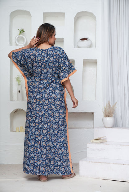Orange Blue Flower Loungewear Cotton Kaftan