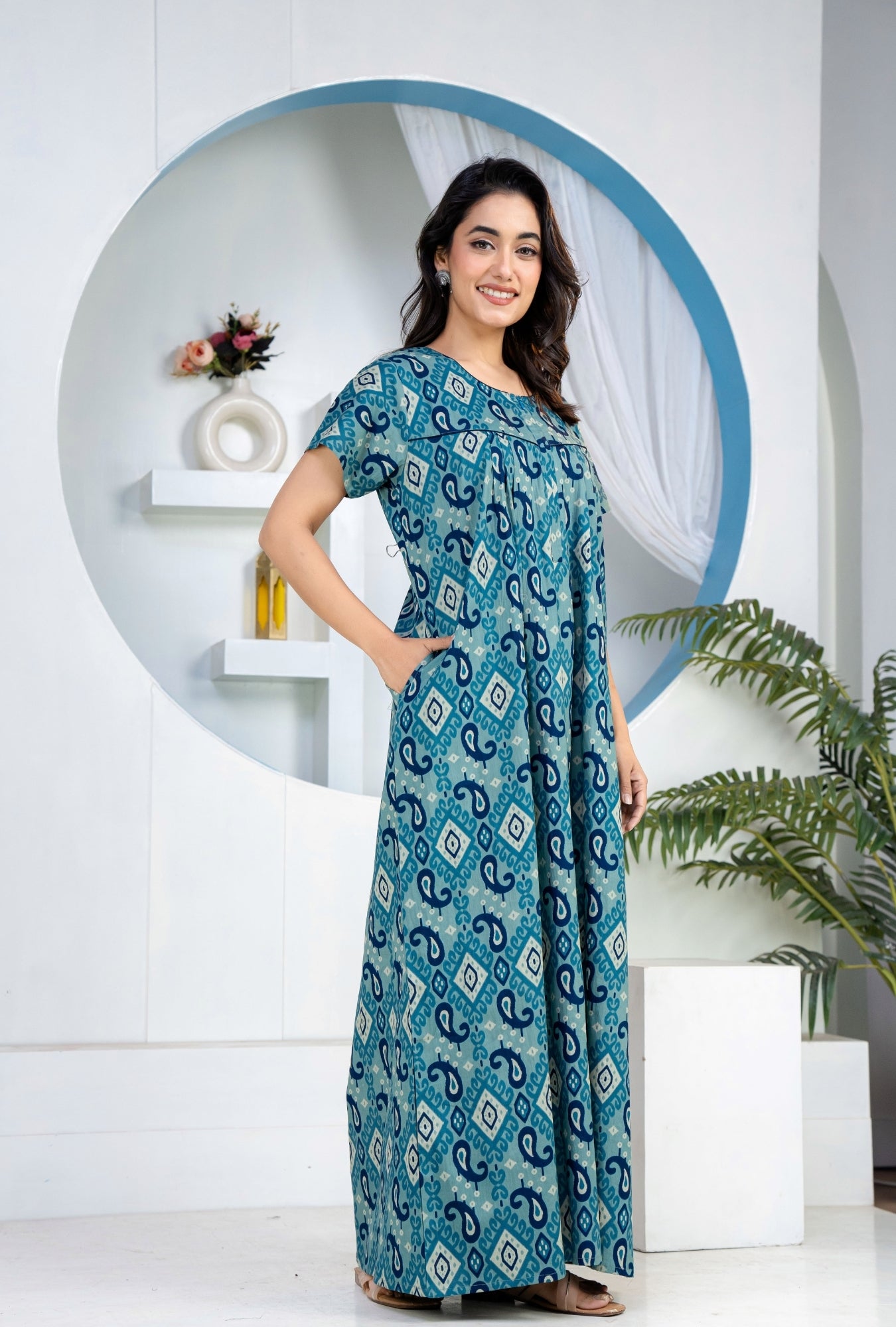 Ikkat Kairy Blue Cotton Printed Nightwear Gowns