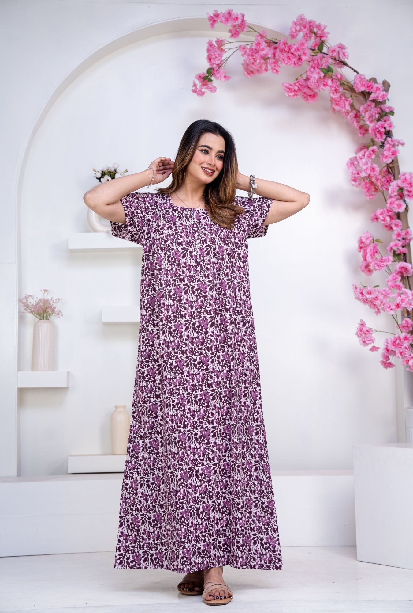 Batik Flower Purple Cotton Printed Nightwear Gowns