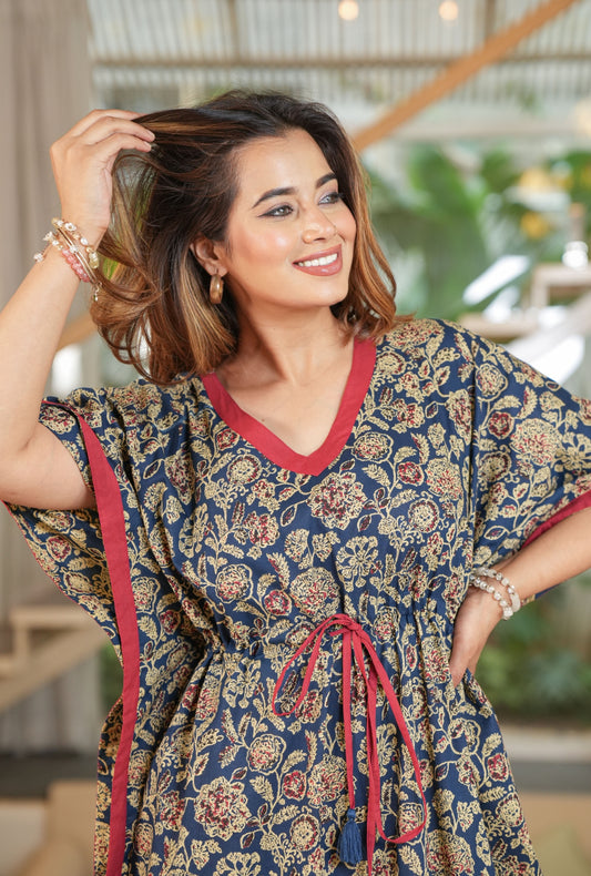Flora Ajrak Blue Loungewear Cotton Kaftan