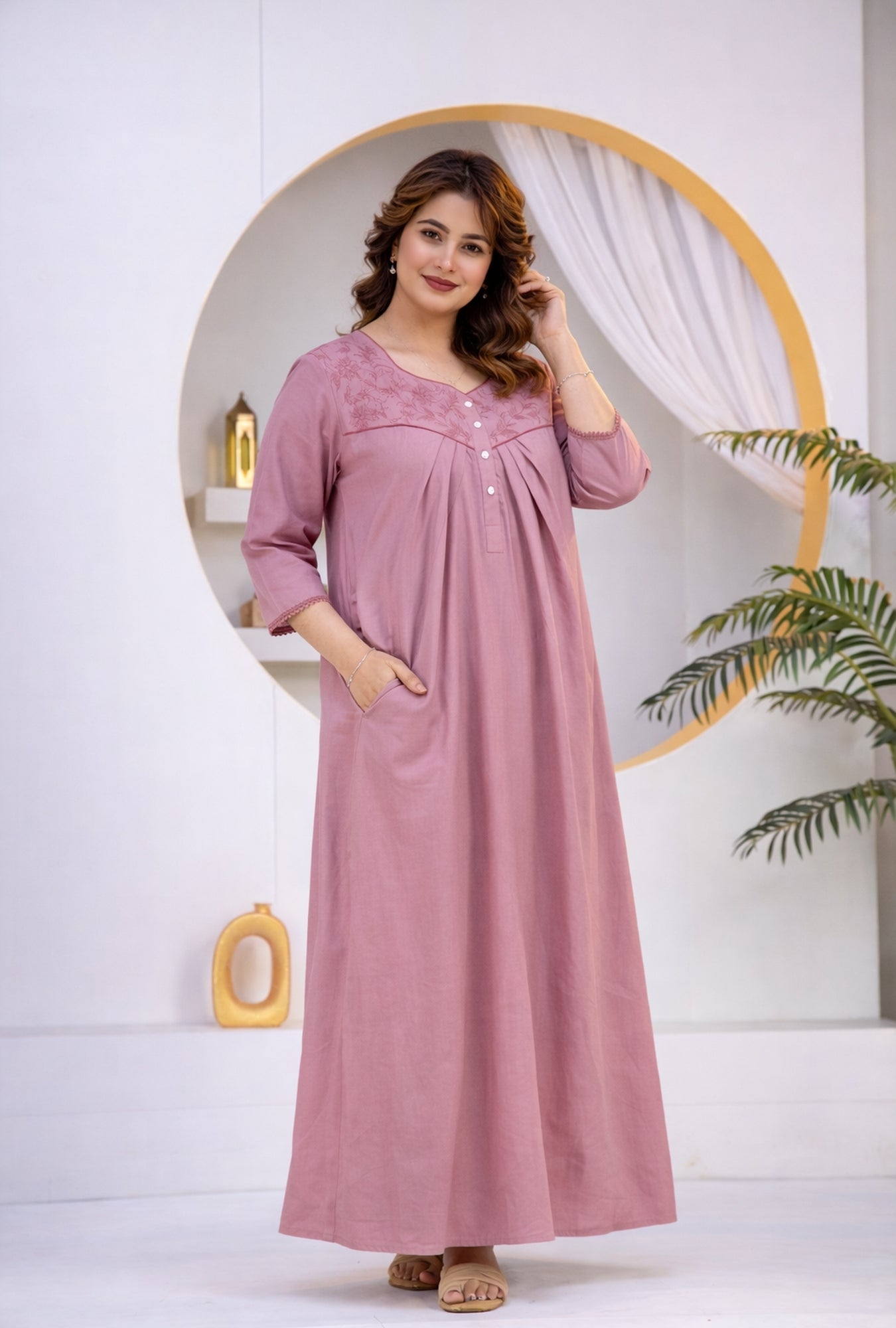 Dusty Rose Floral Embroidery Yoke Cotton Night Gown